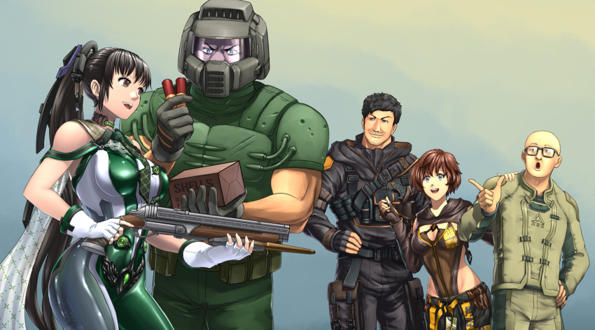 2girls, 3boys, adam_(stellar_blade), ammunition, ammunition_box, android, armor, assault_visor