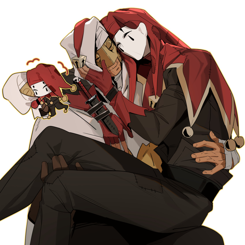 2boys, ^_^, absurdres, arm_around_waist, armband, bandaged_hand, bandages, bell, belt, black_belt, black_pants, black_shirt, cape, cheek-to-cheek, chibi, chibi_inset, closed_eyes, closed_mouth, commentary_request, dagger, darkest_dungeon, gloves, half_mask, hand_on_another's_face, hat, heads_together, highres, hood, hood_up, hooded_cape, hug, jester_(darkest_dungeon), jester_cap, knife, leper_(darkest_dungeon), long_sleeves, male_focus, mask, multiple_boys, on_lap, pants, partially_fingerless_gloves, patchwork_clothes, pimonoooo, red_gloves, red_hat, shirt, simple_background, sitting, smile, weapon, white_background, white_cape, white_mask