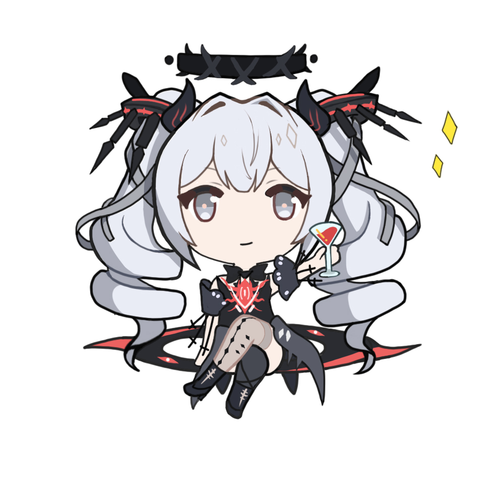 a_luo_(pixiv_79921814), asymmetrical_legwear, black_dress, black_halo, chibi, crossed_legs, cup, detached_sleeves