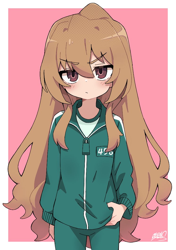 1girl, aisaka_taiga, blush, brown_eyes, brown_hair, green_jacket, green_pants, jacket