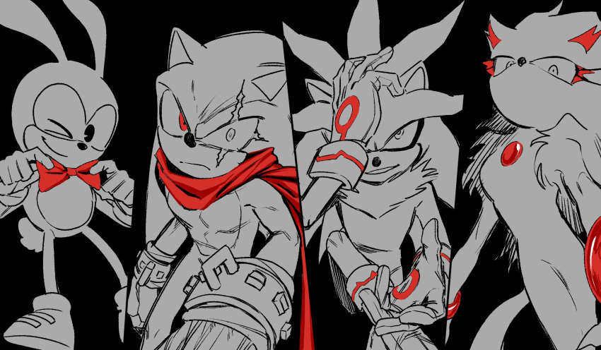 1girl, 3boys, adjusting_bowtie, animal_ears, blaze_the_cat, blaze_the_cat_(beta_design), bow, bowtie