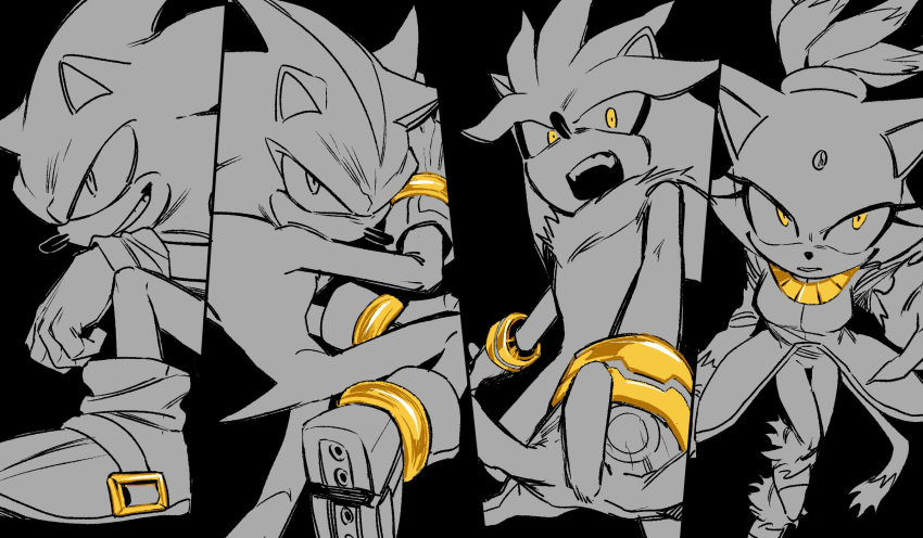 1girl, 3boys, animal_ears, blaze_the_cat, bracelet, cat_ears, diamondx1704, dynamic_pose