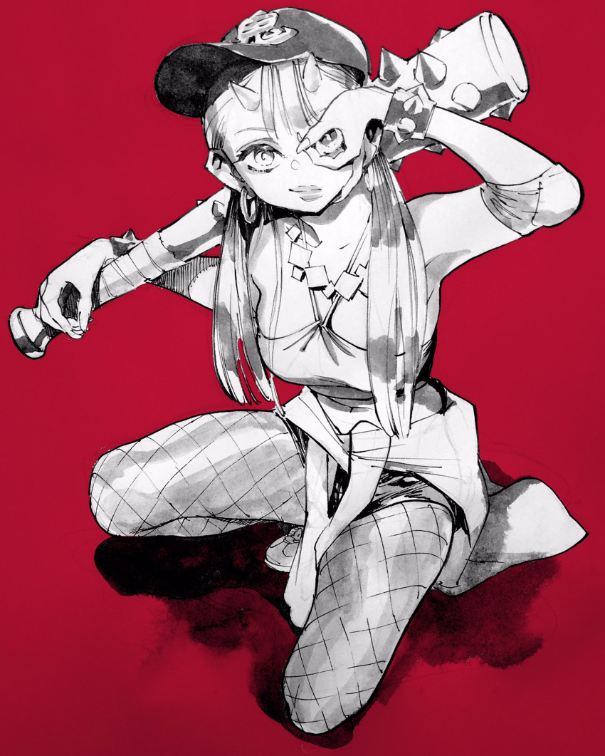1girl, ahn_dongshik, armpits, baseball_cap, bracelet, clothes_around_waist, clothes_writing, club_(weapon)