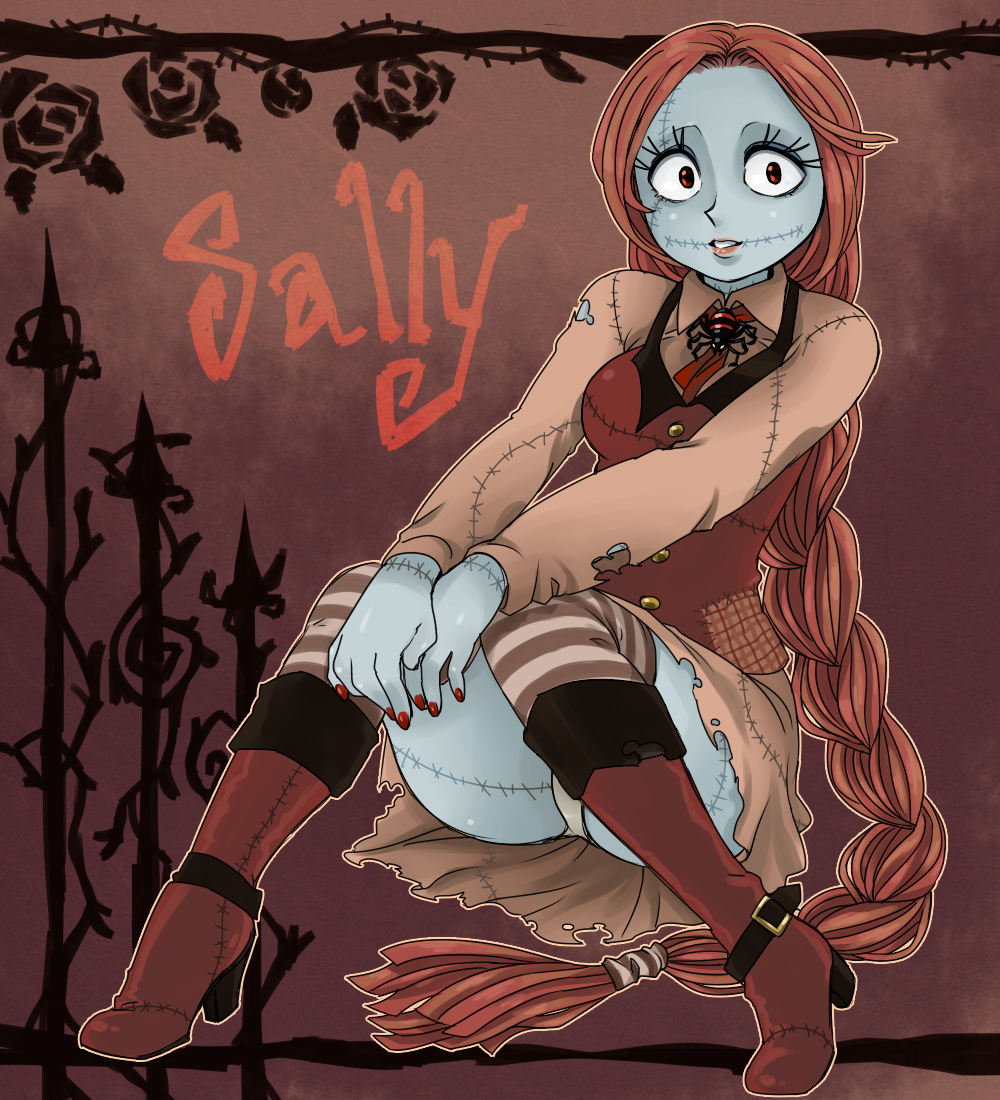 braid, brown_hair, glasgow_smile, ichiban_shibori, monster_girl, nail_polish, panties, pantyshot_sitting, red_eyes, sally_(nbc), scar, stitches, the_nightmare_before_christmas, underwear, upskirt, zombie