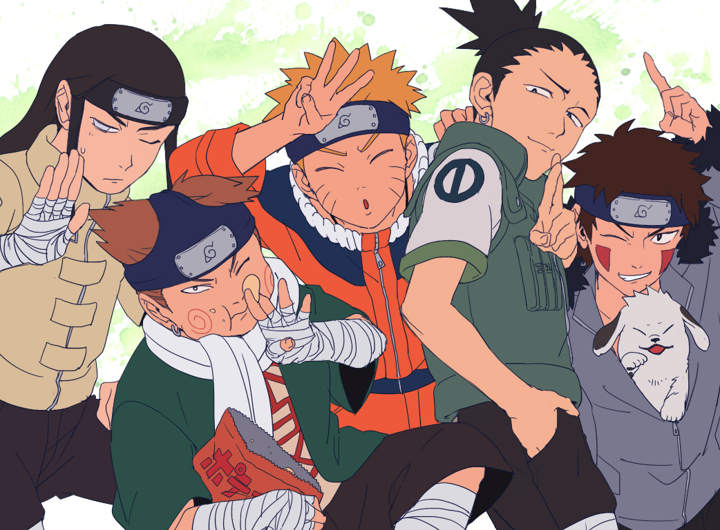 5boys, akamaru_(naruto), akimichi_chouji, azkn, bag_of_chips, bandaged_arm, bandaged_hand, bandaged_leg