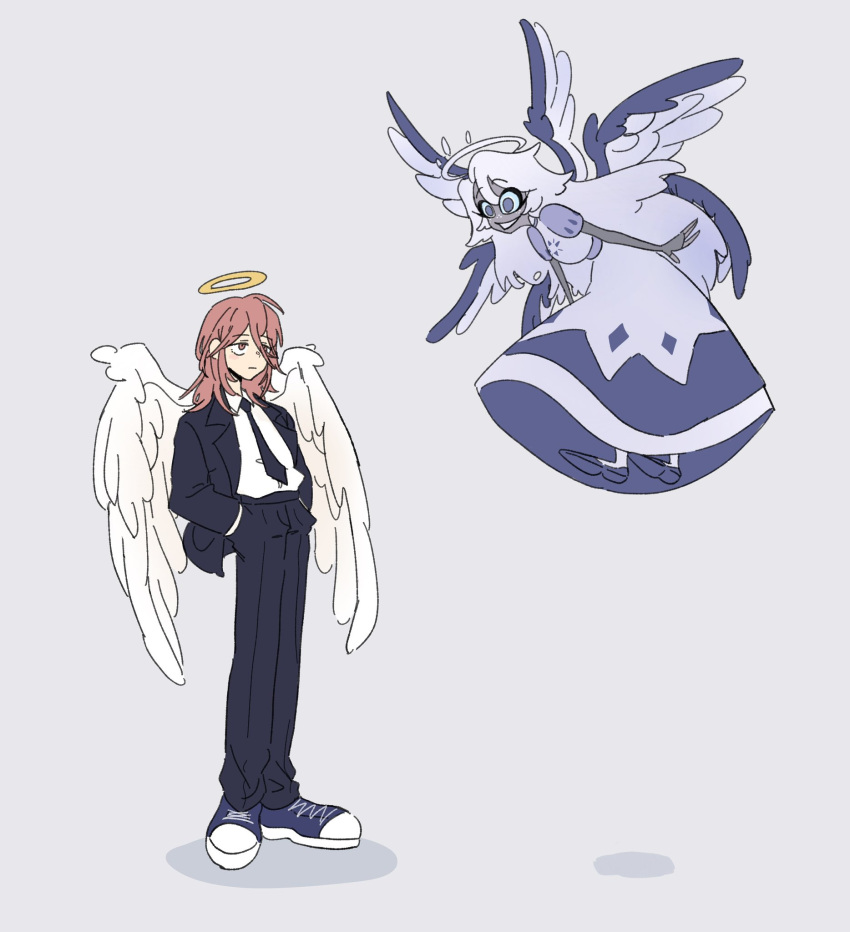 1boy, 1girl, angel, angel_devil_(chainsaw_man), angel_wings, black_suit, chainsaw_man, crossover, dress, emily_(hazbin_hotel), flying, hazbin_hotel, highres, looking_at_another, pink_hair, suit, white_dress, white_hair, wings, zinzzalife