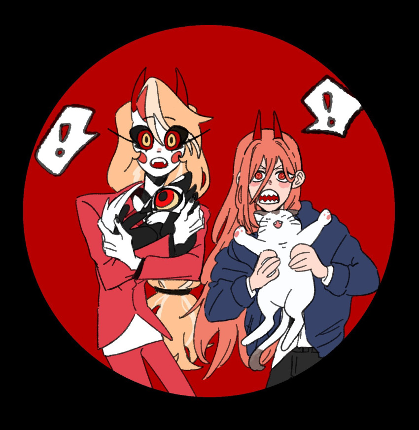 2girls, blonde_hair, blue_jacket, cat, chainsaw_man, charlie_morningstar, crossover, demon_girl