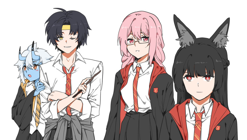 1boy, 3girls, ahoge, animal_ear_fluff, animal_ears, asaba_harumasa, black_coat, black_hair