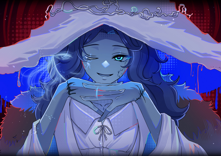 1girl, be_my_guest_(vocaloid), blue_eyes, blue_hair, blue_skin, brown_cloak, cloak, colored_skin
