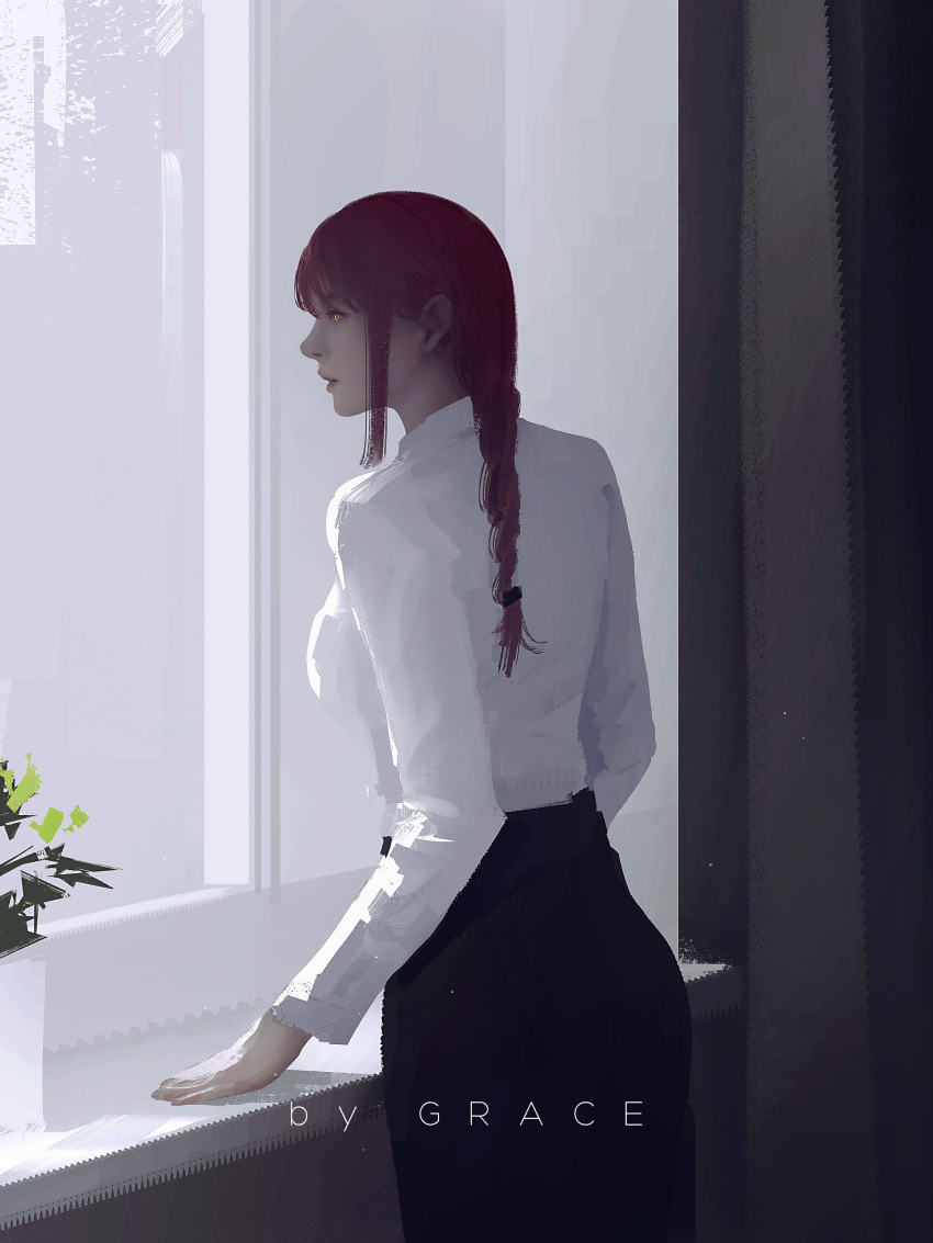 1girl, absurdres, artist_name, black_pants, braid, chainsaw_man, collared_shirt, graceart0518