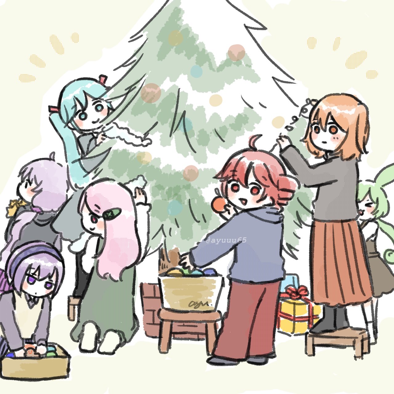 >_<, 6+girls, :3, a.i._voice, adachi_rei, ahoge, alternate_costume, ayuuu65