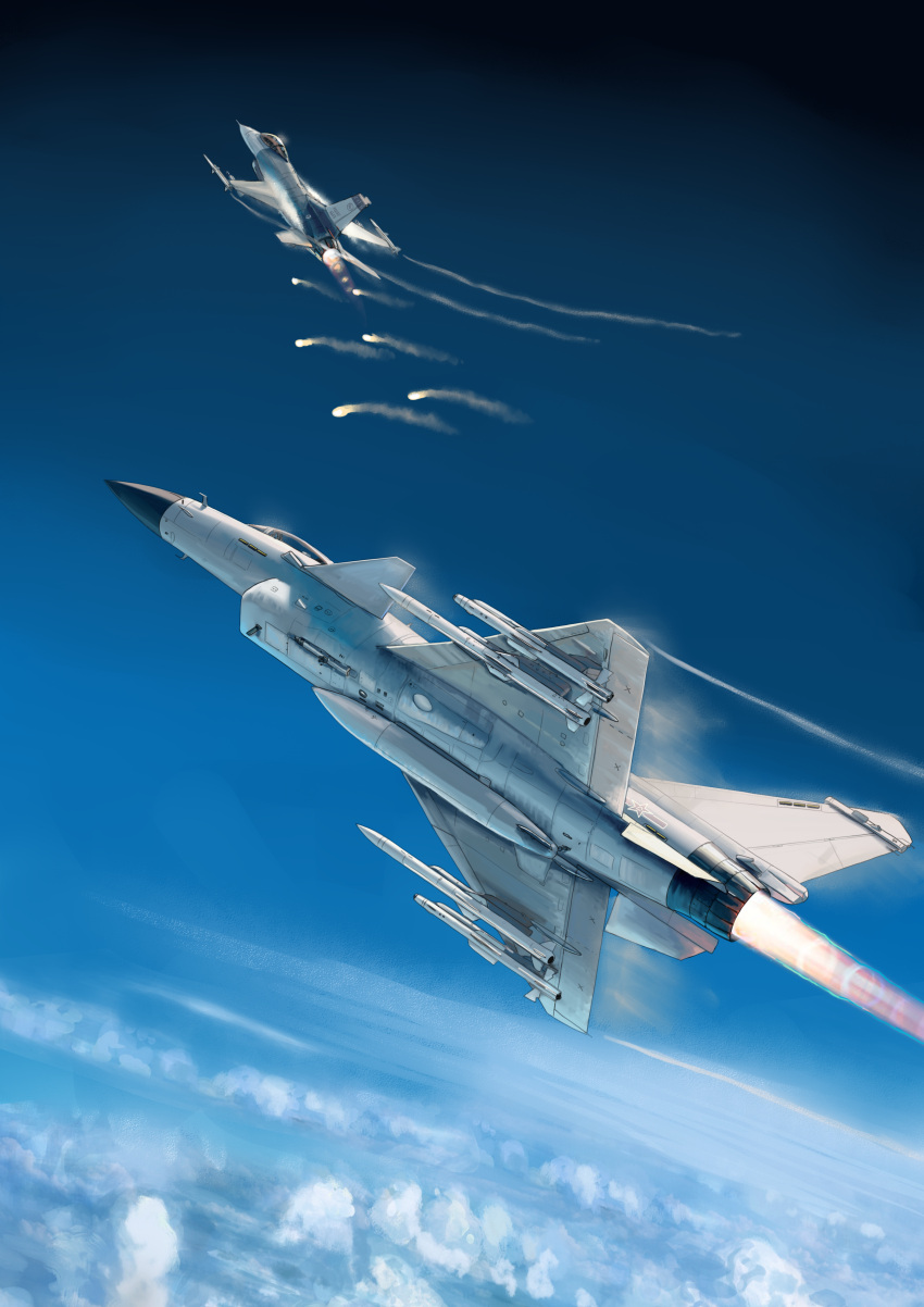 absurdres, aerial_battle, afterburner, aircraft, airplane, battle, blue_sky, canards