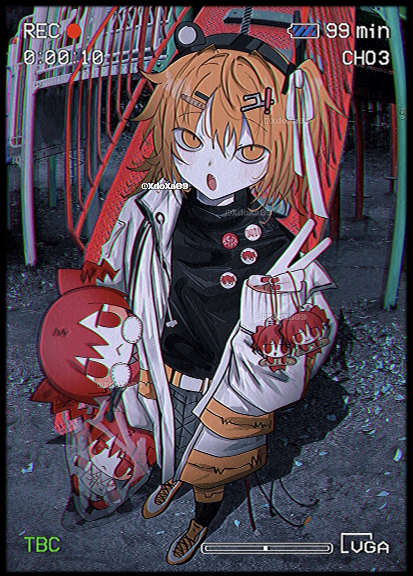1girl, a.i._voice, adachi_rei, badge, bag, battery_indicator, belt, black_border