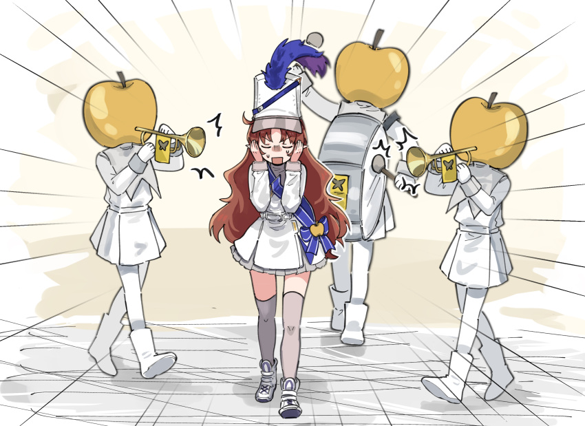 1girl, apple, arknights, brown_hair, cape, closed_eyes, covering_own_ears, drum