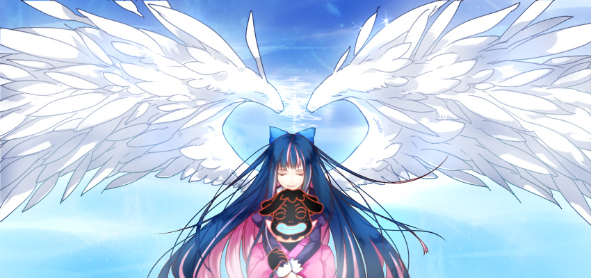 1girl, angel_wings, bad_id, baocaiwangfei, blue_hair, bow, busaiku, closed_eyes