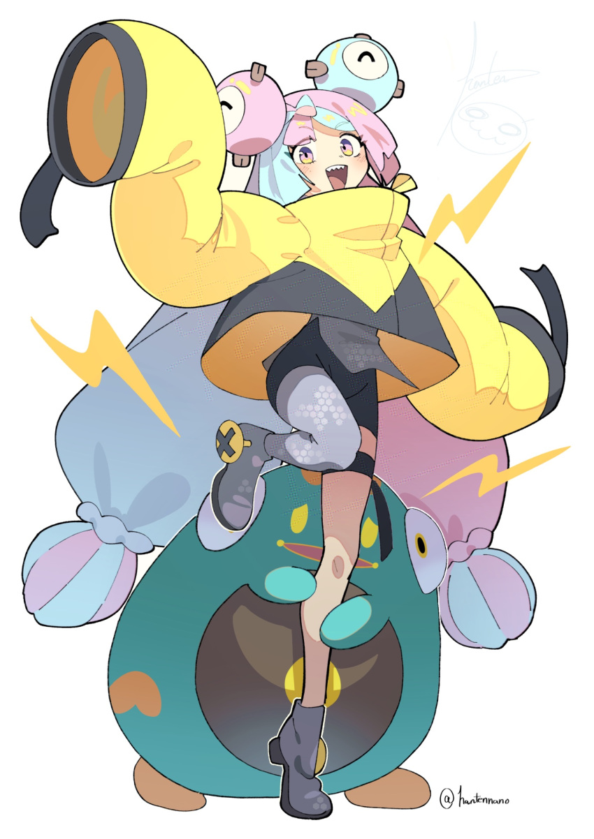 1girl, :d, bellibolt, blue_hair, bow-shaped_hair, character_hair_ornament, eyelashes, grey_pantyhose