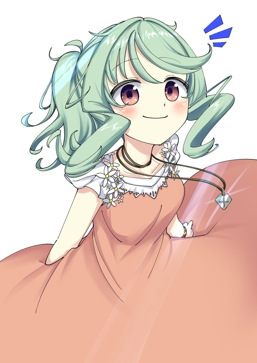 1girl, blush, bracelet, closed_mouth, dress, flower, green_hair, highres