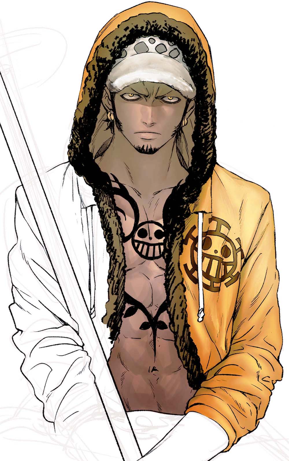 1boy, abs, black_hair, chief_(chiefvinsmoke), closed_mouth, coat, earrings, facial_hair, goatee, hat, heart_pirates_jolly_roger, highres, hood, hooded_coat, jewelry, lineart, looking_at_viewer, male_focus, one_piece, sideburns, simple_background, solo, trafalgar_law, white_background, yellow_coat, yellow_eyes