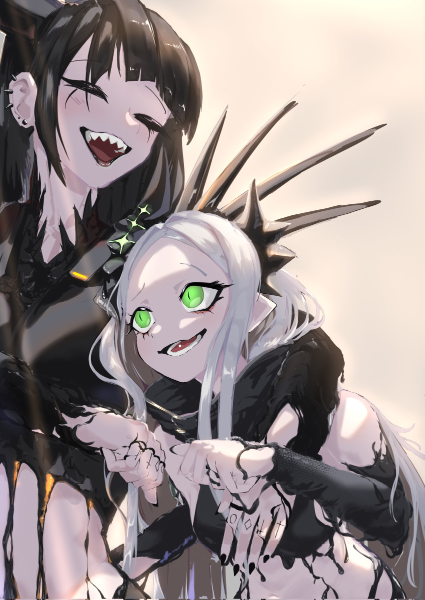 2girls, absurdres, arm_behind_head, armor, behemoth_(nikke), black_armor, black_horns, black_lips, black_liquid, black_nails, blonde_hair, boobplate, breasts, closed_eyes, ear_piercing, finger_tattoo, forehead, goddess_of_victory:_nikke, green_eyes, grey_hair, highres, horns, large_breasts, leviathan_(nikke), liquid_clothes, multiple_girls, open_mouth, piercing, sharp_teeth, small_breasts, smile, tattoo, teeth, thenami, tongue_piercing