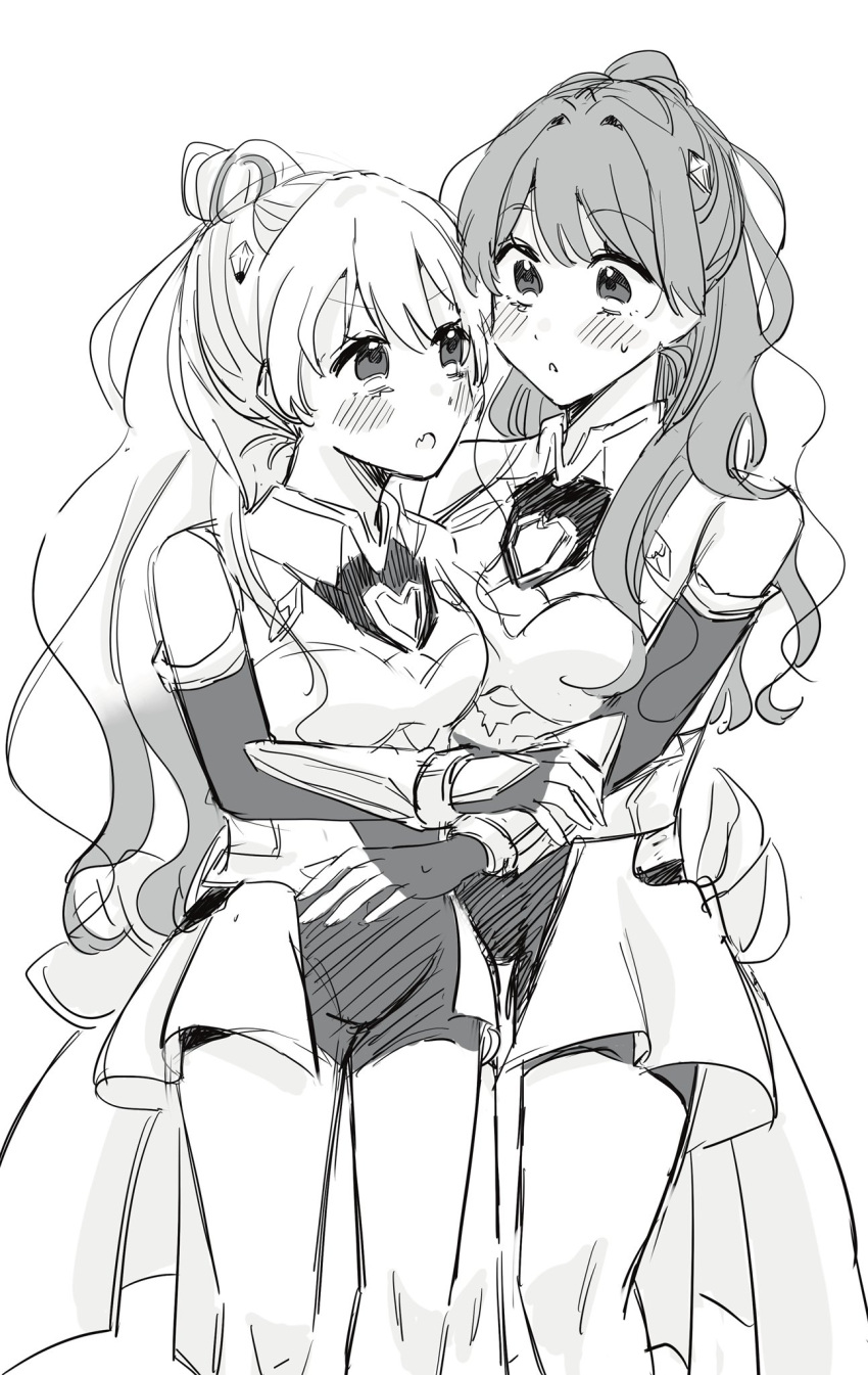 2girls, :o, bare_shoulders, blush, bodysuit, boobplate, breasts, elbow_gloves
