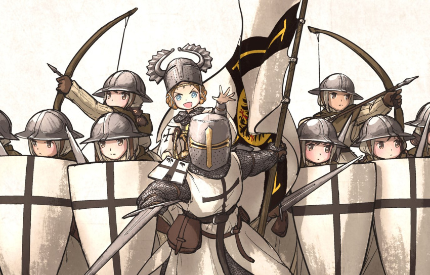 6+girls, aiming, armor, arrow_(projectile), belt, belt_pouch, blue_eyes, bow_(weapon)