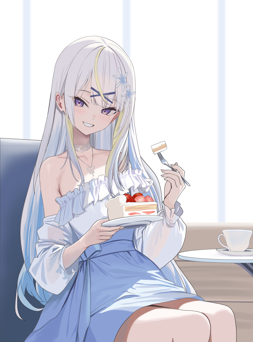 1girl, absurdres, arknights, bare_shoulders, blonde_hair, blue_hair, blue_skirt, blush, cake, cake_slice, choker, collarbone, commission, cup, flower, food, fork, frills, fruit, grin, hair_flower, hair_ornament, hidis0086, highres, holding, holding_fork, jewelry, long_hair, long_sleeves, looking_at_viewer, lucilla_(arknights), multicolored_hair, necklace, off-shoulder_shirt, off_shoulder, pixiv_commission, plate, see-through_clothes, see-through_sleeves, shirt, sitting, skirt, smile, solo, strawberry, streaked_hair, teacup, violet_eyes, virtual_youtuber, white_hair, white_shirt