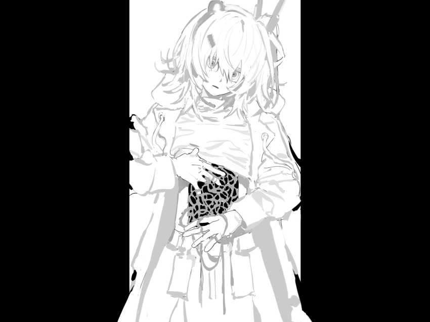 1girl, a.i._voice, adachi_rei, belt, belt_pouch, clothes_lift, cowboy_shot, empty_eyes, greyscale, hair_ornament, hairclip, head_tilt, headlamp, headset, highres, hole_in_stomach, hood, hood_down, hooded_jacket, jacket, lifting_own_clothes, long_sleeves, looking_at_viewer, medium_hair, monochrome, natwjeq, one_side_up, open_clothes, open_jacket, outside_border, parted_lips, pouch, radio_antenna, shirt, shirt_lift, simple_background, skirt, solo, standing, stomach, turtleneck, turtleneck_shirt, utau, wide-eyed