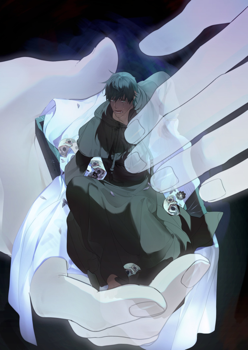 1boy, absurdres, bab_du_666, black_background, black_capelet, black_hair, black_robe, capelet