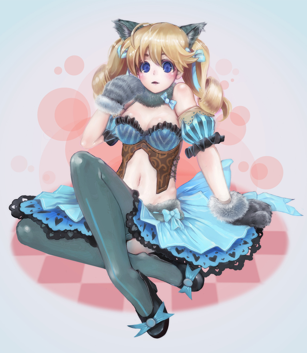 blonde_hair, blue_eyes, blush, bow, cat_ears, checkered, checkered_floor, fantasy_earth_zero