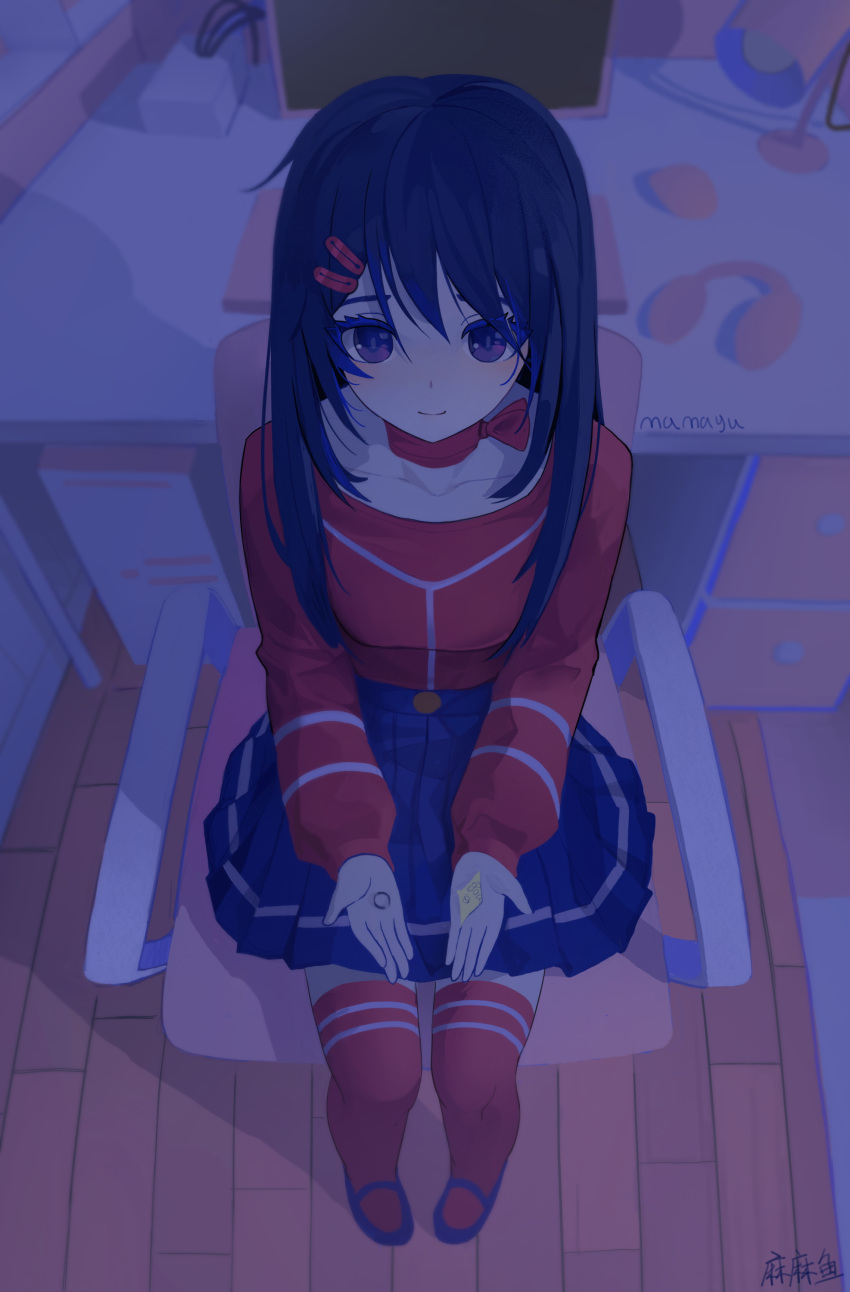 1girl, absurdres, artist_name, blue_eyes, blue_footwear, blue_hair, blue_skirt, choker
