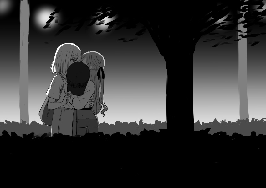 2girls, backpack, bag, bang_dream!, bang_dream!_it's_mygo!!!!!, commentary_request, greyscale, hand_on_another's_shoulder
