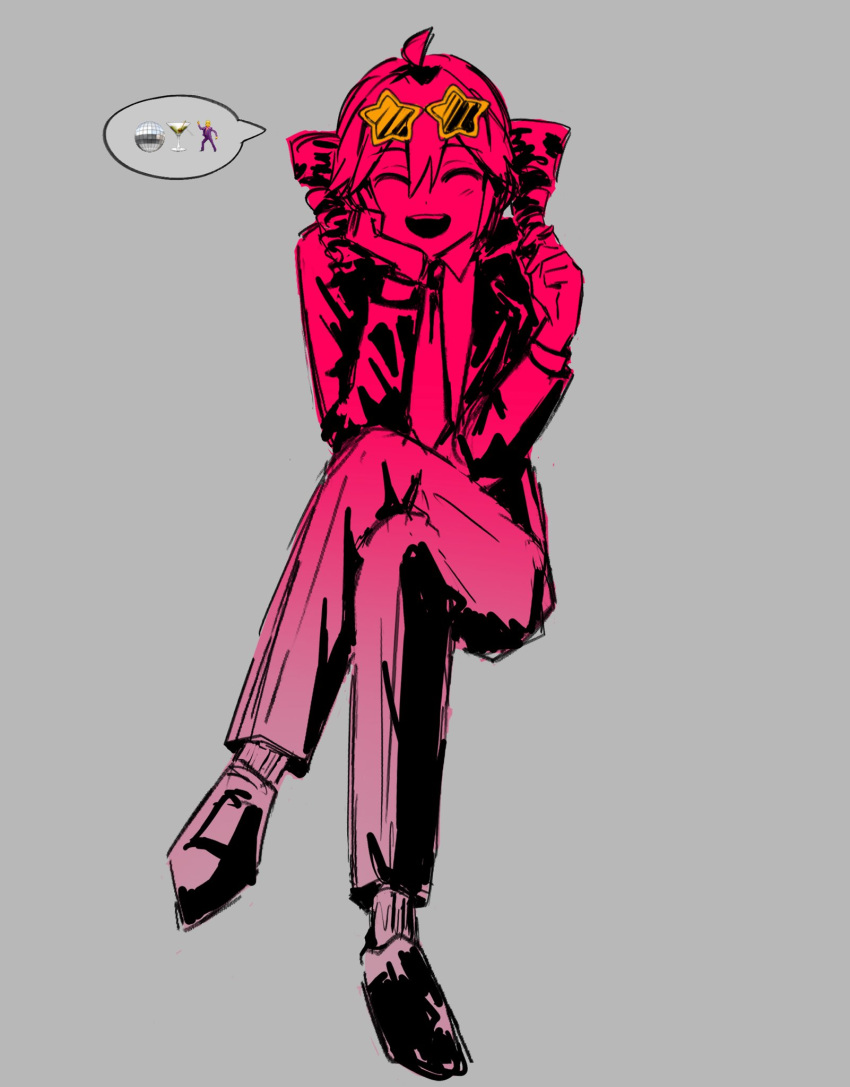 1girl, ahoge, alternate_costume, closed_eyes, collared_shirt, crossed_legs, drill_hair, eyewear_on_head