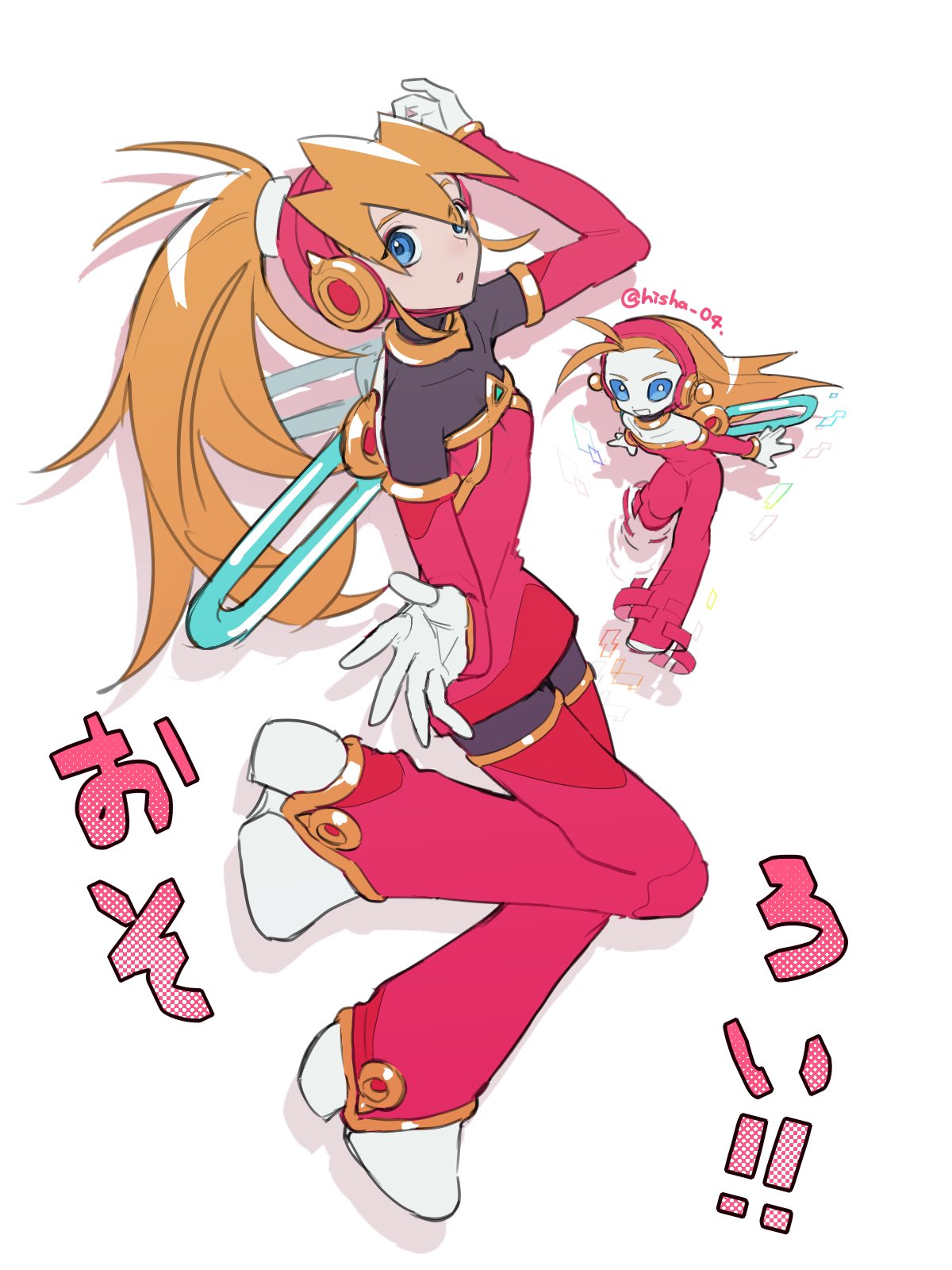 1girl, black_bodysuit, blonde_hair, blue_eyes, bodysuit, bodysuit_under_clothes, boots, ciel_(mega_man)