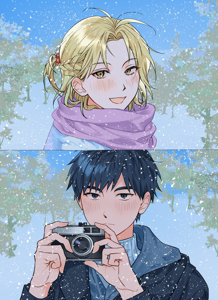 2boys, absurdres, baek_eunyung, black_eyes, black_hair, black_jacket, blonde_hair, blush