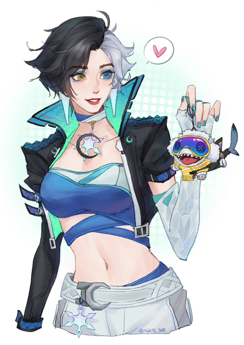 1girl, black_hair, black_jacket, blue_eyes, breasts, choker, crop_top, fukuro090, gloves, heterochromia, highres, jacket, jeff_the_land_shark, looking_at_viewer, luna_snow, marvel, marvel_rivals, multicolored_hair, short_hair, shorts, smile, split-color_hair, two-tone_hair, white_hair