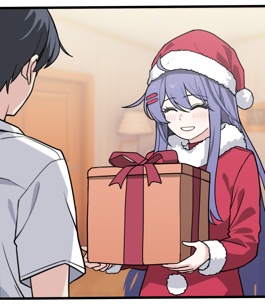 1girl, black_hair, blue_hair, box, chojangmandu, closed_eyes, commentary_request, dress, fur-trimmed_dress, fur-trimmed_sleeves, fur_trim, gift, gift_box, hair_between_eyes, hair_ornament, hairclip, hat, highres, holding, holding_gift, indoors, kind_mita_(miside), lamp, long_hair, long_sleeves, miside, mita_(miside), mixed-language_commentary, player_character_(miside), pom_pom_(clothes), santa_costume, santa_dress, santa_hat, shirt, short_sleeves, smile, white_shirt