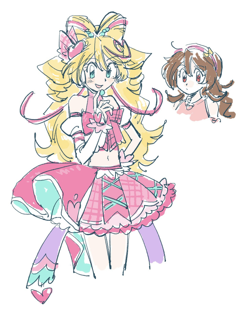 1girl, 79x_(ox79xo), ahoge, blonde_hair, blue_eyes, bow, cure_idol, dress