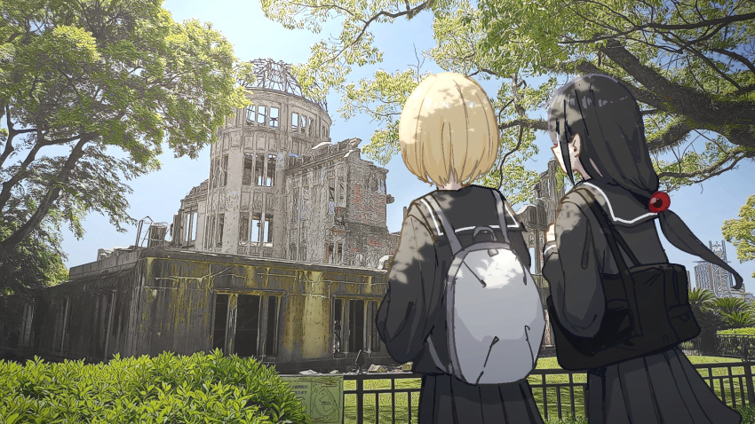 2girls, ameno_hitsuka, backpack, bag, black_hair, black_sailor_collar, black_serafuku, black_shirt