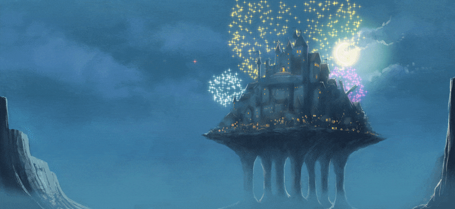 animated, animated_gif, castle, clouds, david_revoy, fireworks, moon, mountain