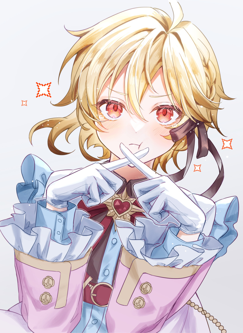 1boy, absurdres, androgynous, black_ribbon, blonde_hair, blush, braid, cardigan