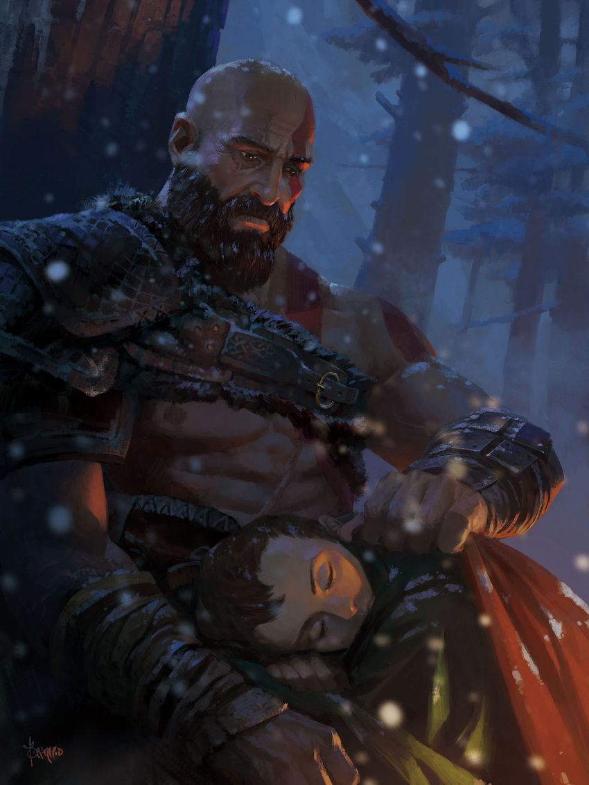 2boys, abs, absurdres, against_tree, arm_belt, arm_up, armor, atreus