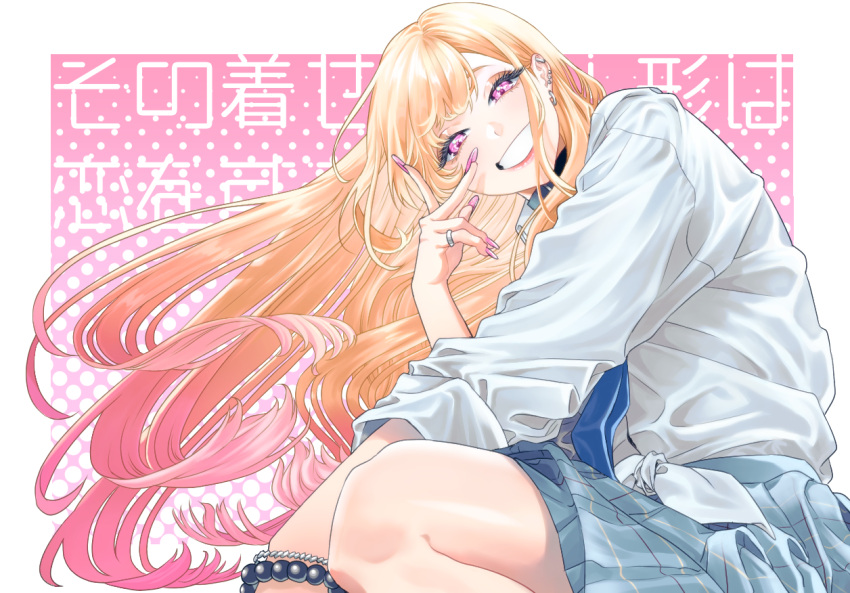 1girl, an_d_o, blonde_hair, checkered_clothes, checkered_skirt, ear_piercing, earrings, fake_nails, floating_hair, from_below, gradient_hair, grin, jewelry, kitagawa_marin, long_hair, looking_at_viewer, multicolored_hair, necktie, piercing, pink_hair, pleated_skirt, ring, school_uniform, skirt, smile, solo, sono_bisque_doll_wa_koi_wo_suru, squatting, v, very_long_hair, violet_eyes