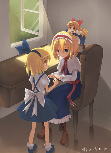 alice_margatroid, alice_margatroid_(pc-98), blonde_hair, blue_eyes, blush, bow, chair, desk