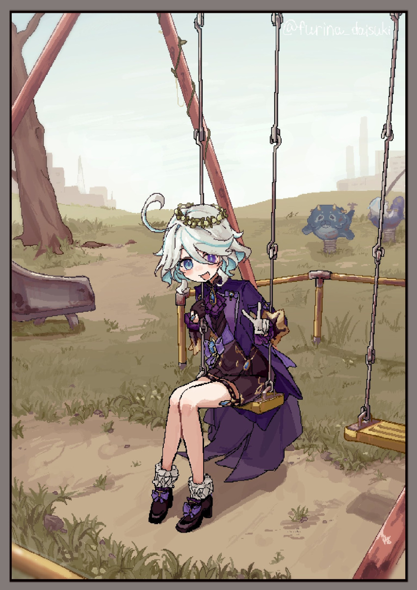 1girl, ahoge, black_footwear, blubberbeast_(genshin_impact), blue_hair, blush, border, furina_(genshin_impact)