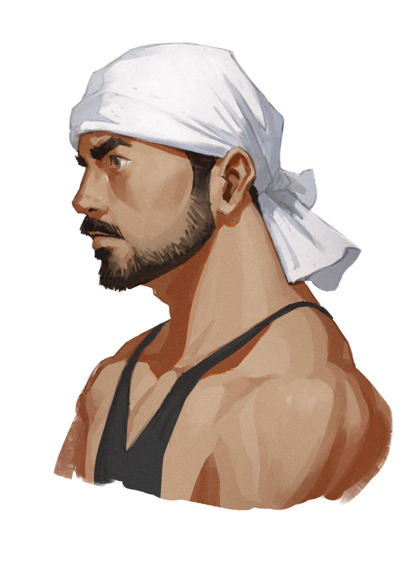 1boy, bandana, bare_shoulders, beard, black_hair, black_tank_top, brown_eyes, chens_art