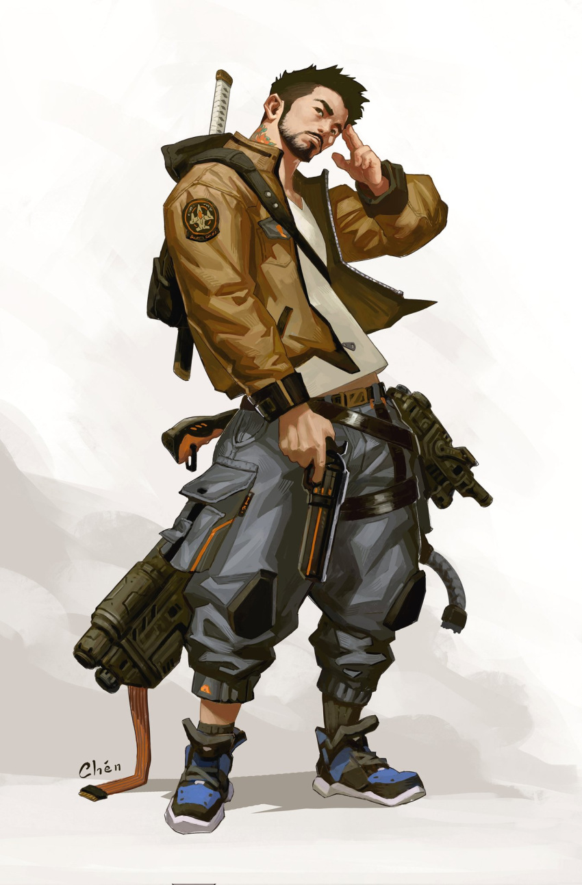 1boy, arm_up, artist_name, backpack, bag, belt, belt_buckle, black_bag