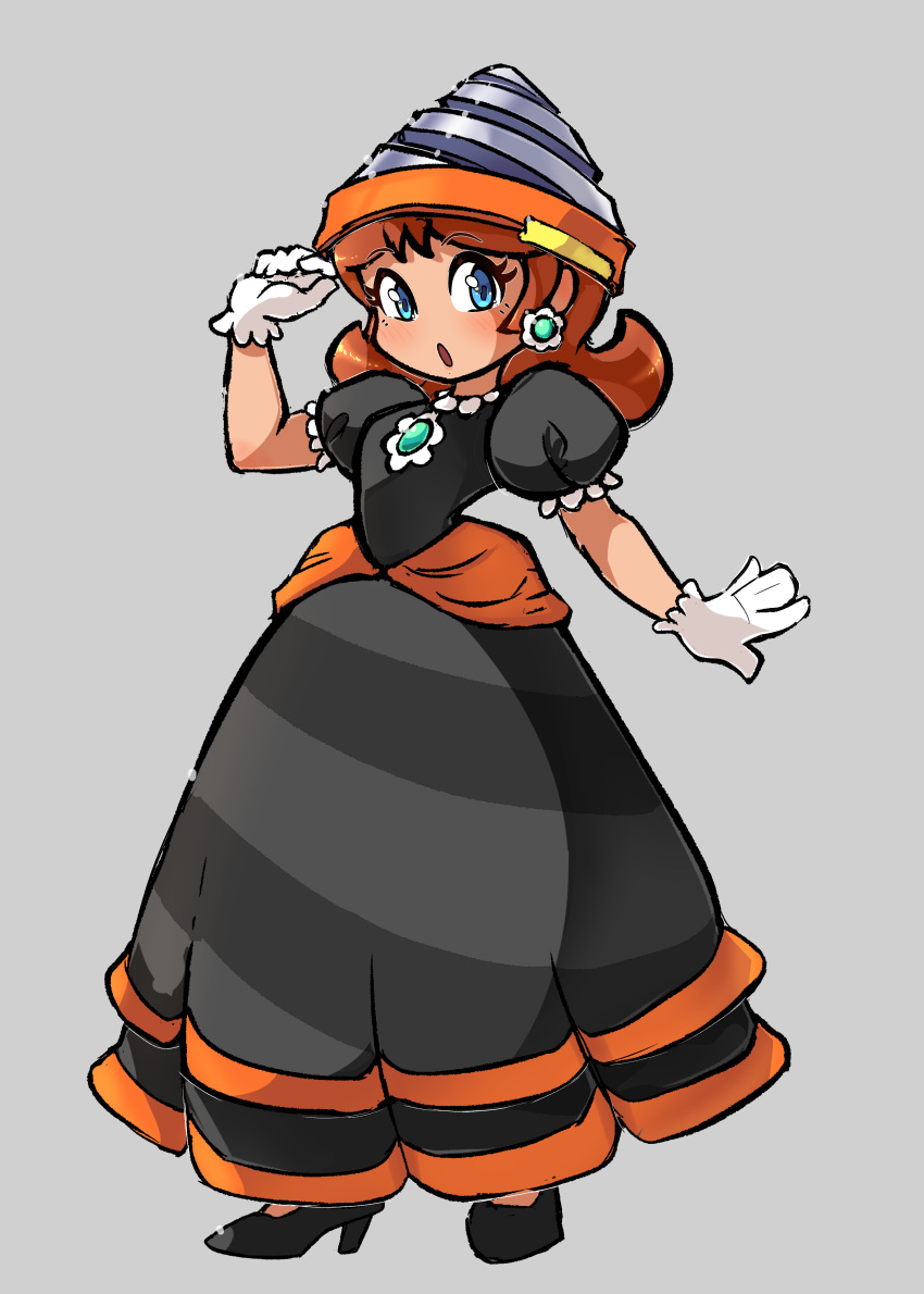 1girl, absurdres, black_dress, black_footwear, blue_eyes, blush, brooch, brown_hair