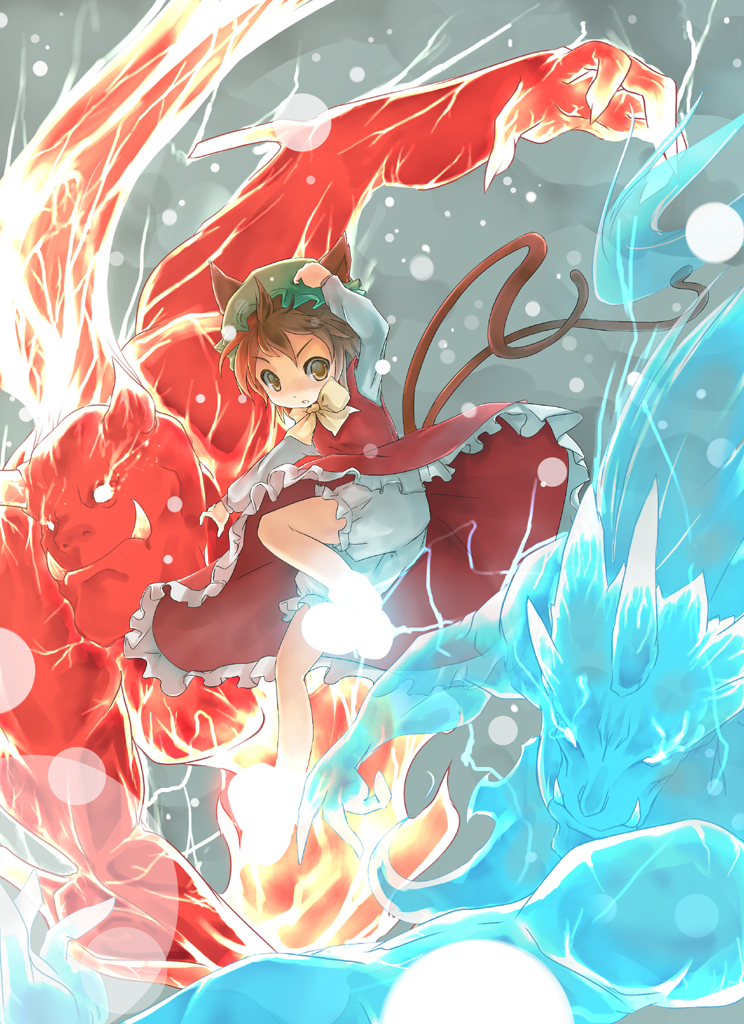 animal_ears, bloomers, blue_oni, bow, brown_eyes, brown_hair, cat_ears, cat_tail, chen, dress, fire_dragon, floating, fred04142, glowing, glowing_feet, hand_on_hat, hat, knickers, multiple_tails, oni, red_dress, red_oni, short_hair, solo, tail, touhou, upskirt, water_dragon