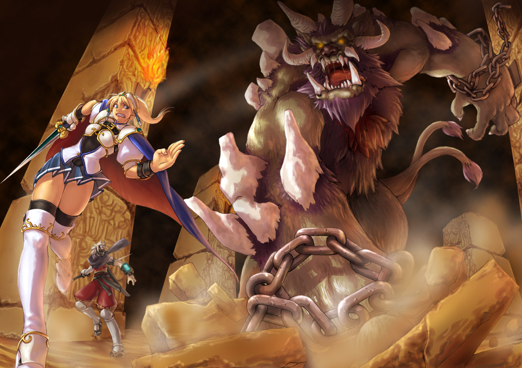 behemoth, black_legwear, black_thighhighs, blonde_hair, boots, chain, chains, fantasy