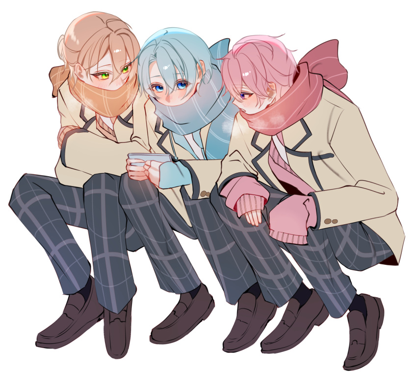 3boys, alternate_costume, bimigohan16, black_socks, blue_eyes, blue_hair, blue_scarf, blush, brown_footwear, brown_jacket, colon_(stpri), covered_mouth, crossed_arms, green_eyes, grey_pants, hair_between_eyes, highres, holding, holding_phone, jacket, jel_(stpri), looking_at_another, medium_hair, multiple_boys, orange_hair, orange_scarf, pants, parted_bangs, phone, pink_hair, plaid_clothes, plaid_pants, red_scarf, satomi_(stpri), scarf, school_uniform, simple_background, sitting, sleeves_past_wrists, socks, strawberry_prince, violet_eyes, white_background